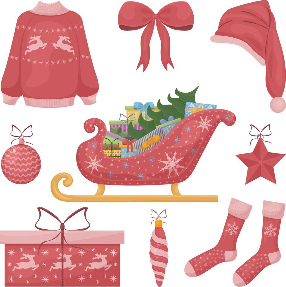 en ljus jul uppsättning med de bild av santa claus s släde, med gåvor och också en hatt, strumpor, en röd rosett, en Tröja och en gåva låda. samling av jul föremål. vektor illustration