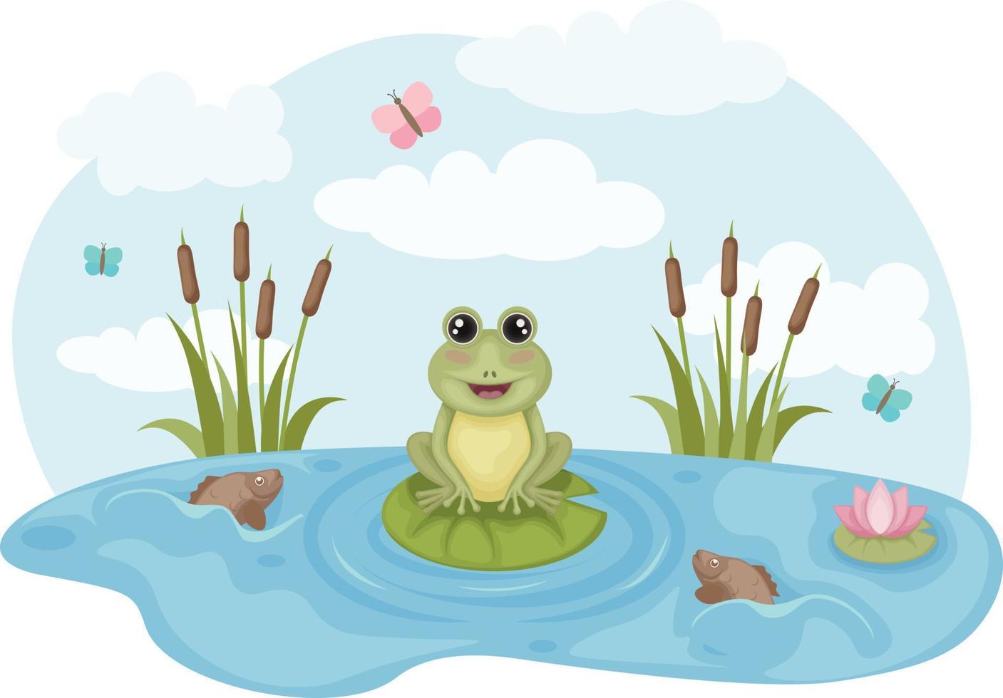 Frosch. Vektor Illustration von ein Frosch. ein Frosch auf das See, Sitzung auf ein Lilie Pad, umgeben durch Fisch und Schmetterlinge. ein See mit Wasser Lilien und Schilf