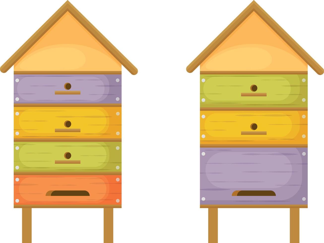 Bienenstock. Biene Nesselsucht. zwei hölzern Bienenstöcke im das bilden von Häuser. bunt Bienenstöcke im Karikatur Stil. Honigbiene Häuser. Vektor Illustration isoliert auf ein Weiß Hintergrund