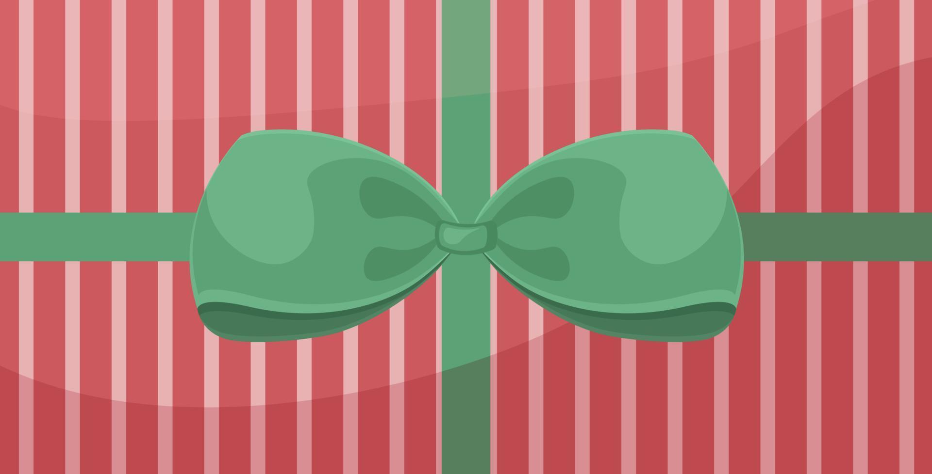 hell Geschenk Verpackung. das festlich Verpackung ist dekoriert mit rot Streifen und ein groß Grün Bogen. Weihnachten Geschenk Kasten, Vektor Illustration isoliert auf Weiß Hintergrund