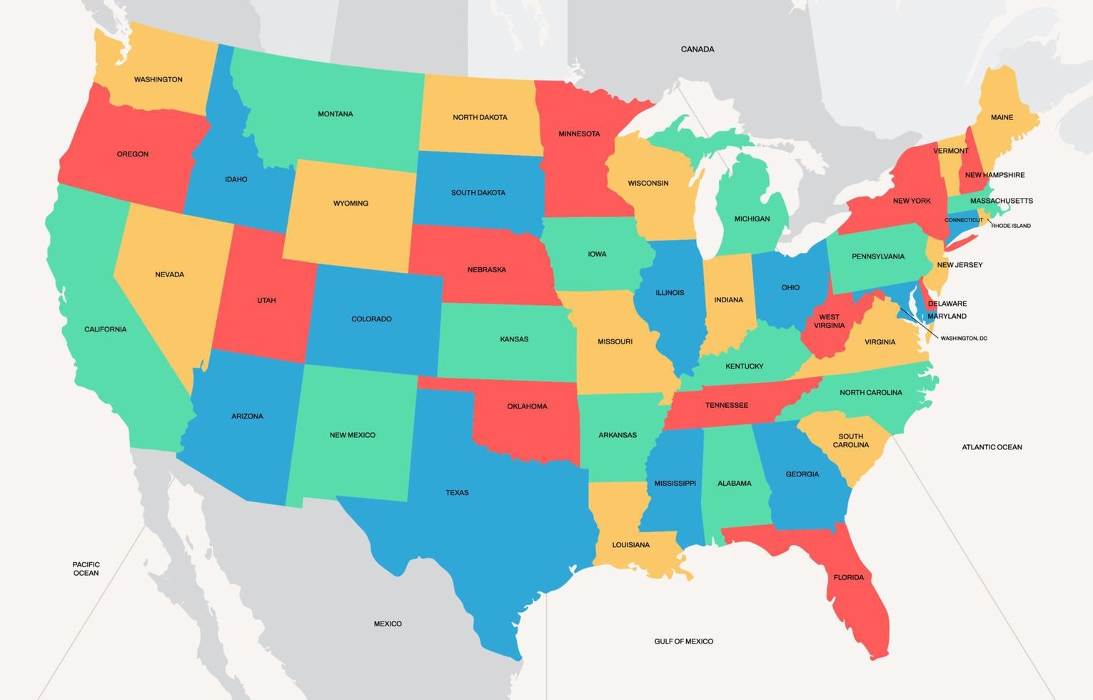 USA Land Karta med stat namn vektor