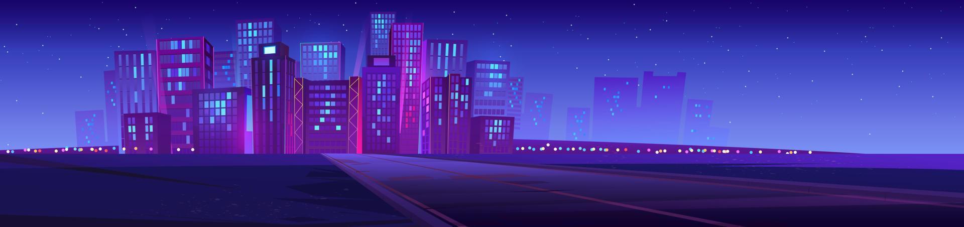 horisont med stad byggnader och väg på natt vektor