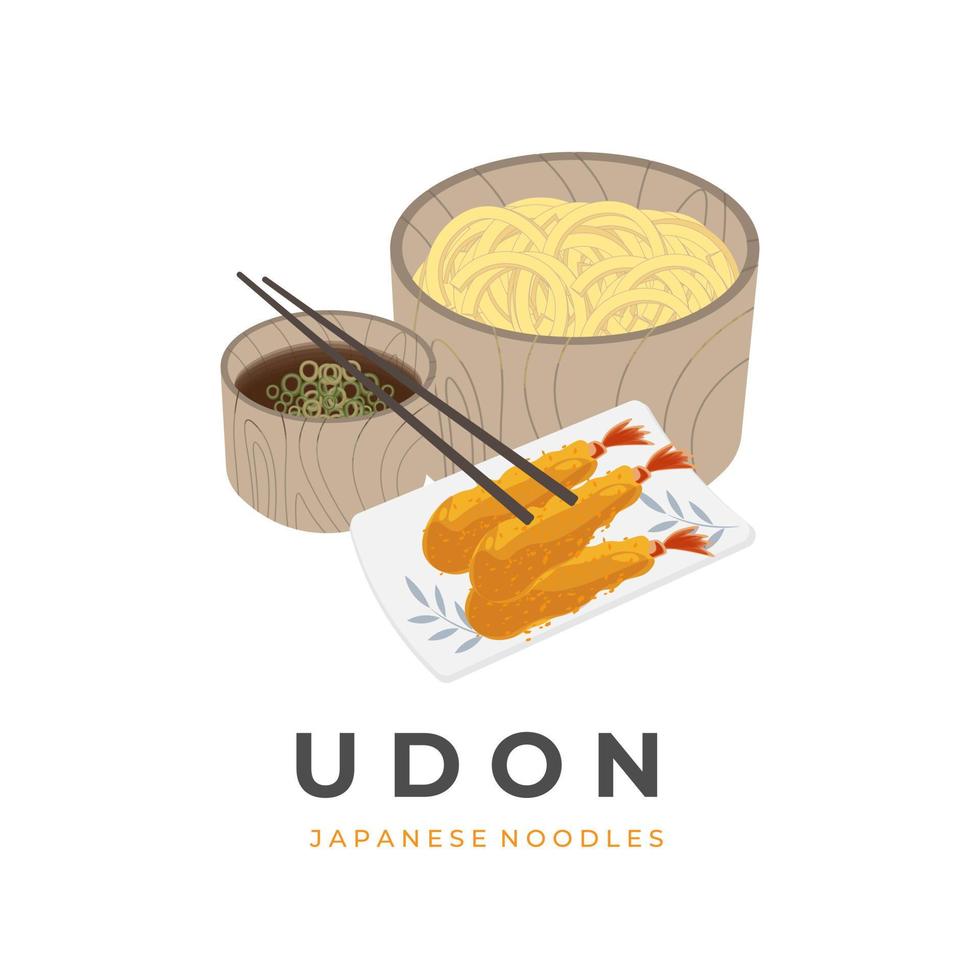 vektor illustration logotyp tempura udon traditionell japansk mat med trä- skål och separat buljong