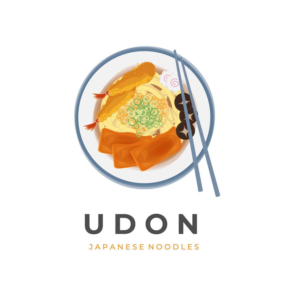 udon soppa vektor illustration logotyp med tofu, tempura räka, svamp och bitar av kamaboko