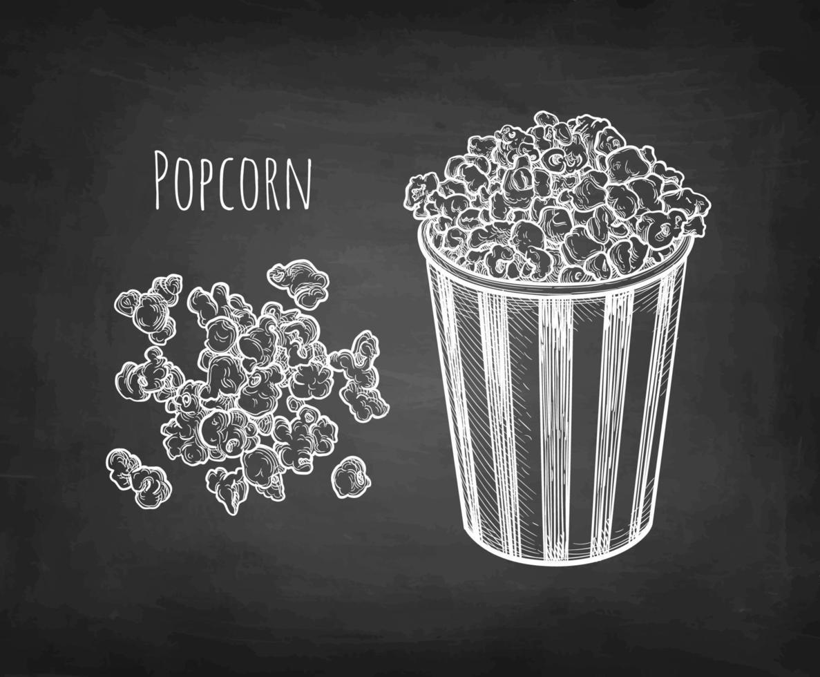 popcorn. krita skiss på svarta tavlan bakgrund. hand dragen vektor illustration. retro stil.