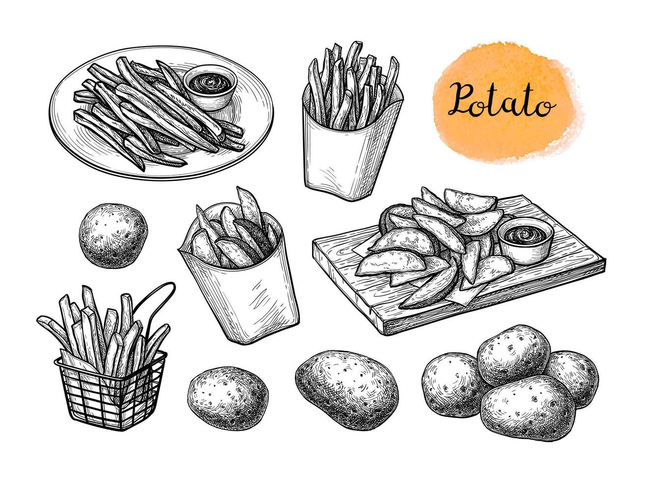 Kartoffel Keile und Französisch Fritten. Tinte skizzieren isoliert auf Weiß Hintergrund. Hand gezeichnet Vektor Illustration. retro Stil.