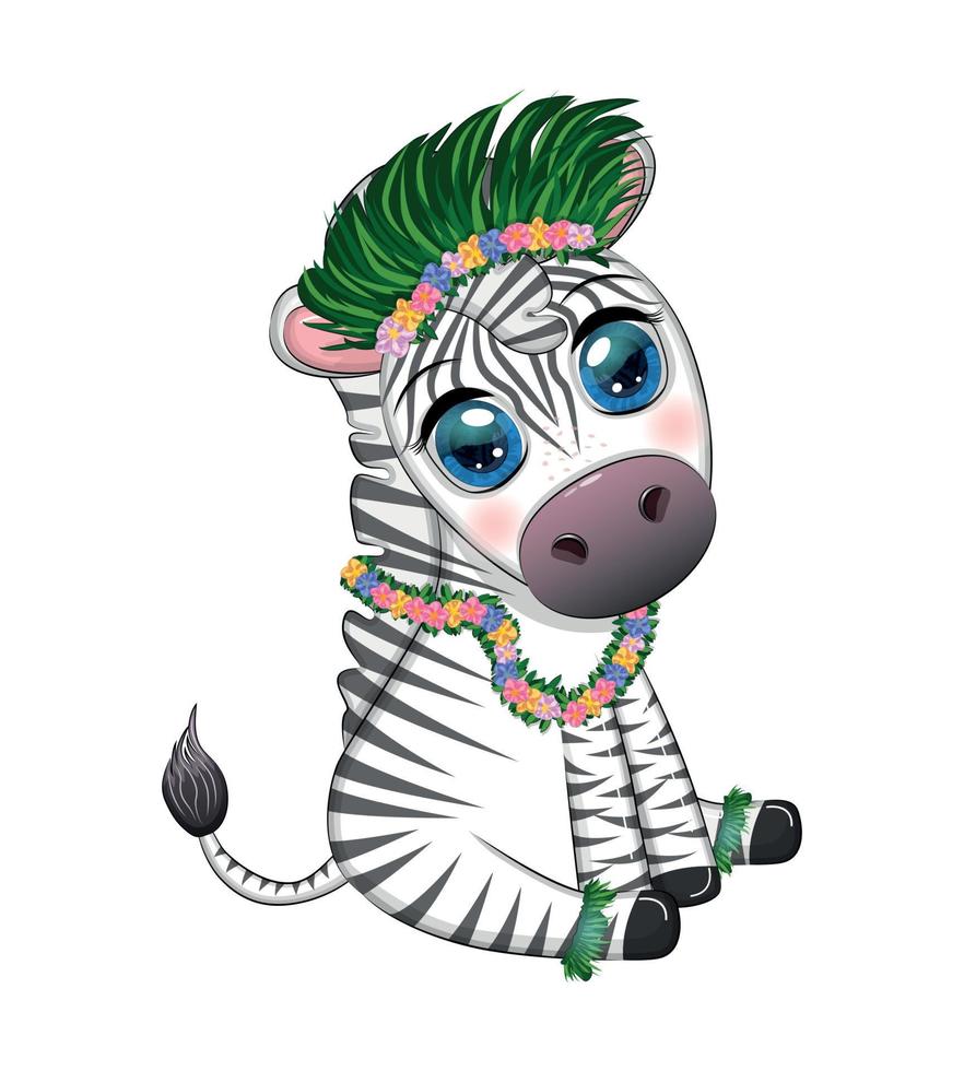 söt zebra i hula dansare kostym, hawaii, barn karaktär. sommar högtider, semester vektor