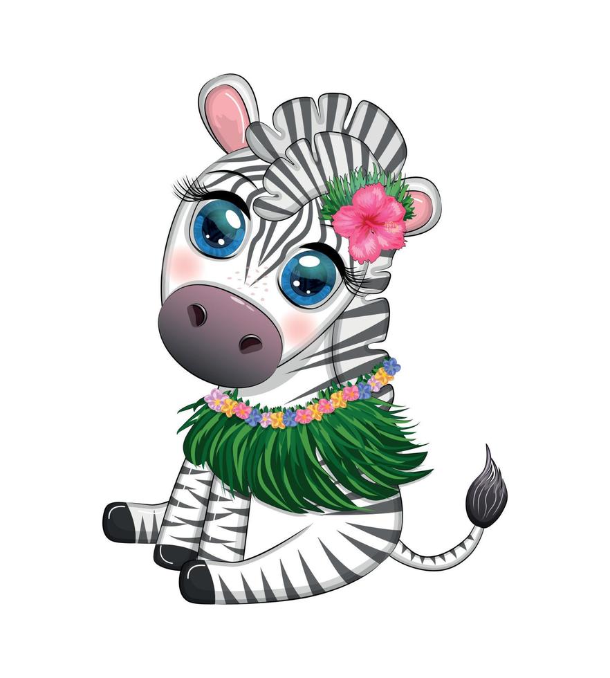 süßes zebra im hula-tänzerkostüm, hawaii, kindercharakter. Sommerferien, Urlaub vektor
