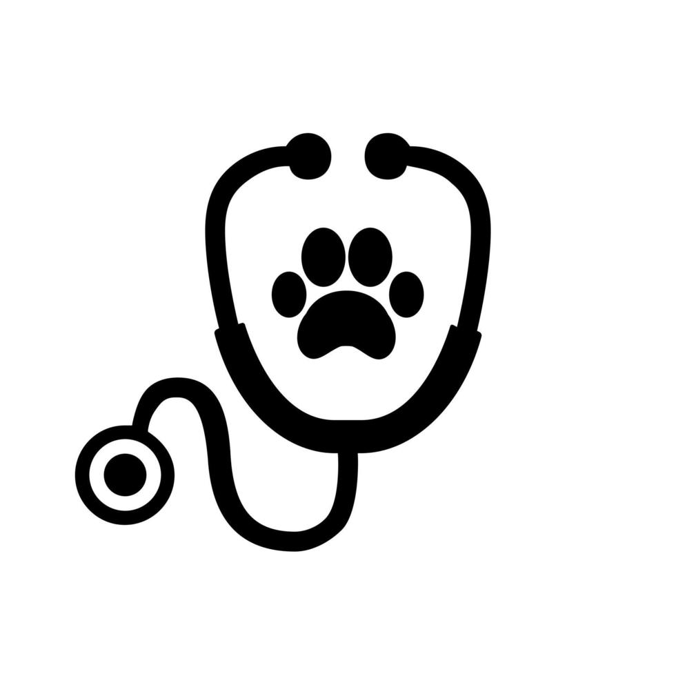 stetoskop silhuett med djur- Tass skriva ut symbol. veterinär medicin logotyp, isolerat vektor illustration.