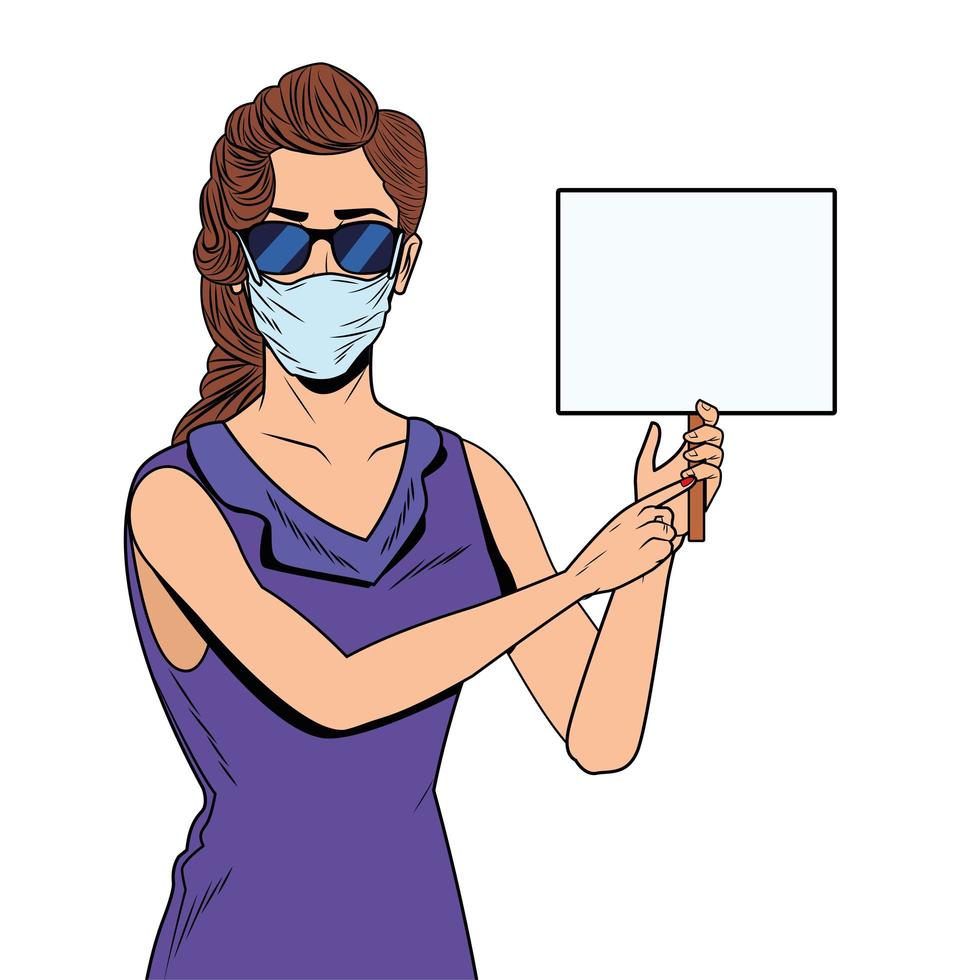 kvinna som använder ansiktsmask för covid19 med banner vektor