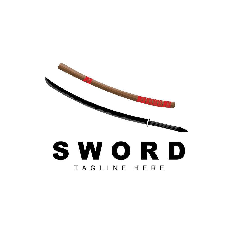 Schwert Logo, Samurai Katana einfarbig Design, Vektor Krieg Waffe Schneiden Werkzeug Vorlage Symbol