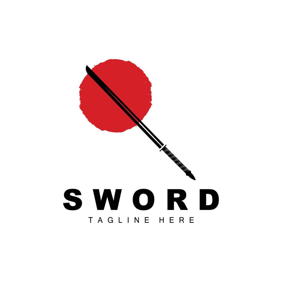 Schwert Logo, Samurai Katana einfarbig Design, Vektor Krieg Waffe Schneiden Werkzeug Vorlage Symbol