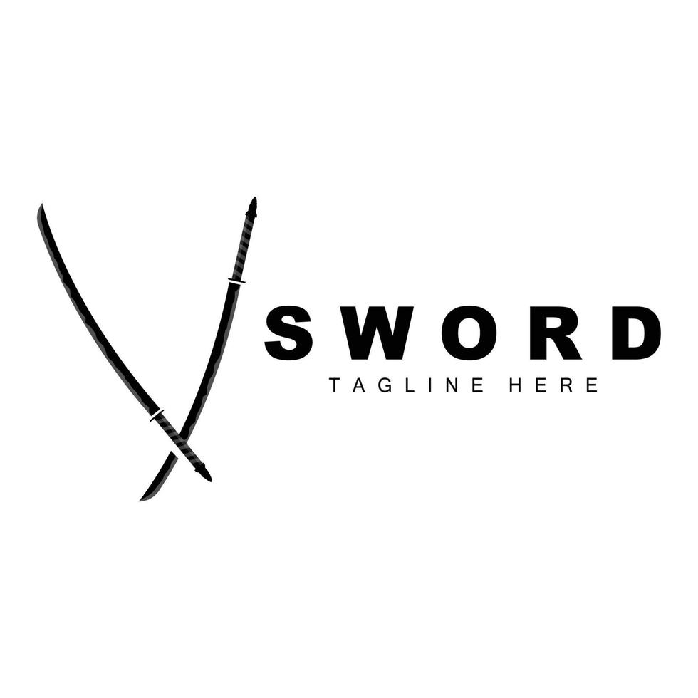 Schwert Logo, Samurai Katana einfarbig Design, Vektor Krieg Waffe Schneiden Werkzeug Vorlage Symbol