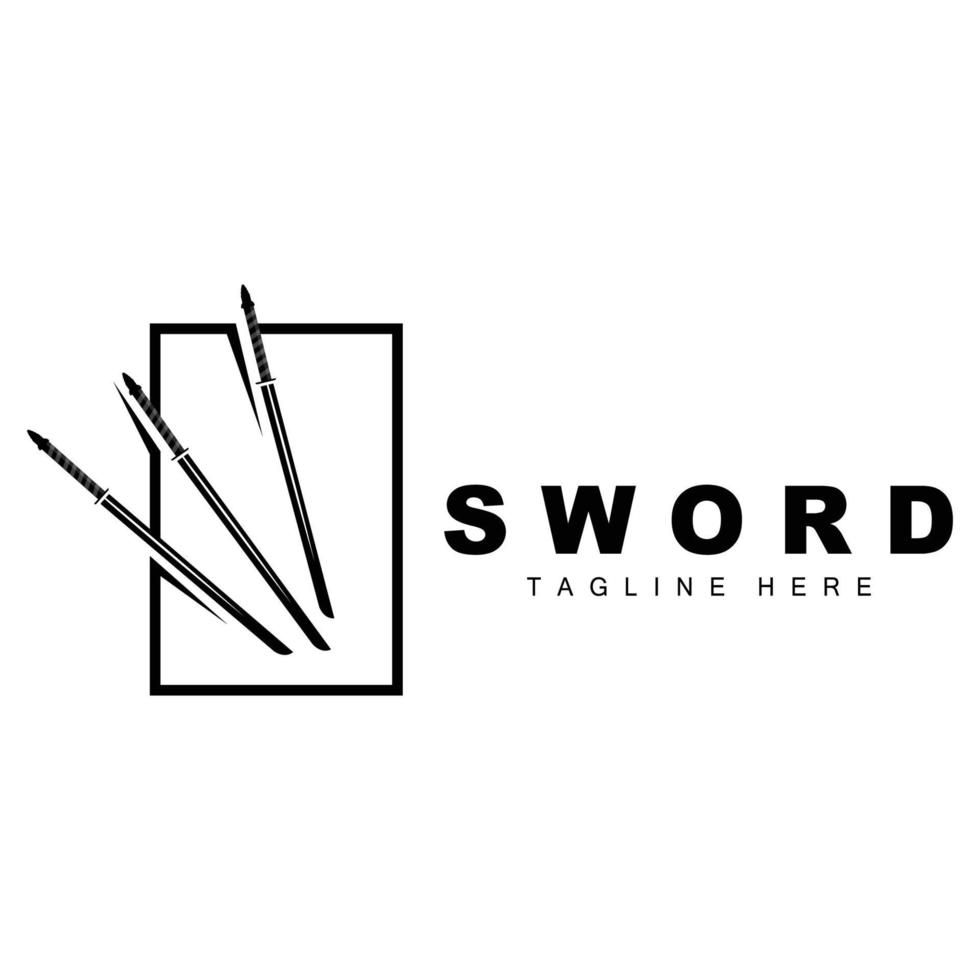 svärd logotyp, samuraj katana svartvit design, vektor krig vapen skärande verktyg mall ikon
