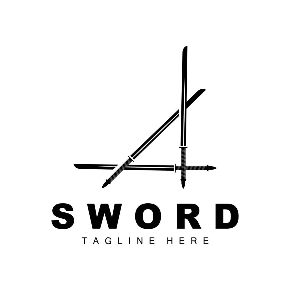 svärd logotyp, samuraj katana svartvit design, vektor krig vapen skärande verktyg mall ikon