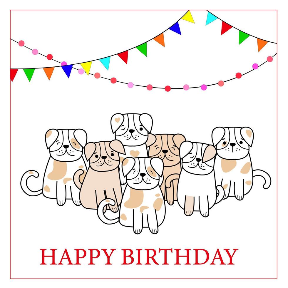 Hand gezeichnet Kritzeleien Haustiere Karte. Text glücklich Geburtstag. Sammlung von komisch Hunde im Karikatur Stil mit anders Farbe. zum Design Logo, Besuch Karte, usw. Vektor Illustration