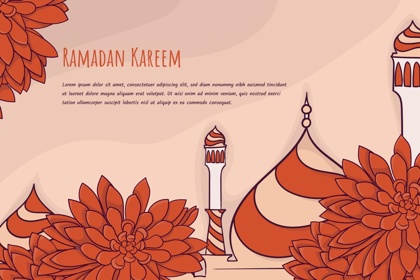 islamisch Orange Hintergrund Design mit Hand gezeichnet von Moschee und Blumen- Hintergrund Design vektor