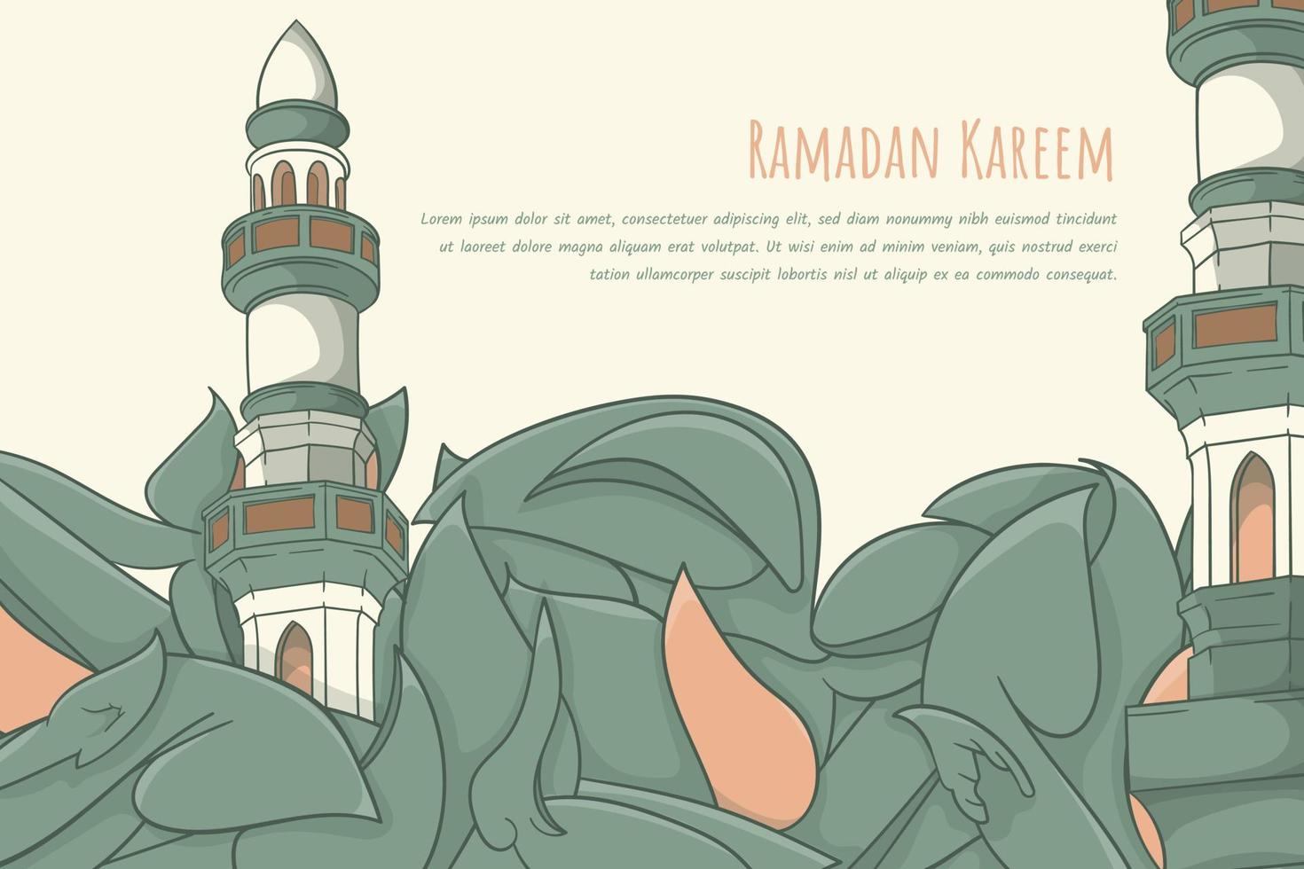 blad bakgrund i klotter konst design med moské minaret för ramadan kareem mall design vektor