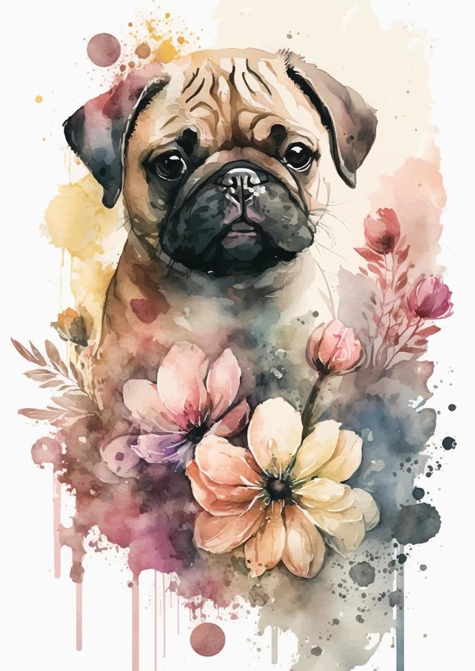 stilvoll Mops Hund Aquarell Gemälde Design vektor