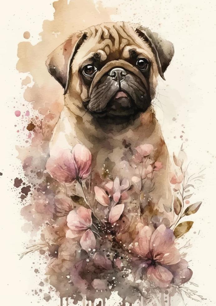 Haustier-Themen Mops Hund Aquarell Porträt Vektor Design