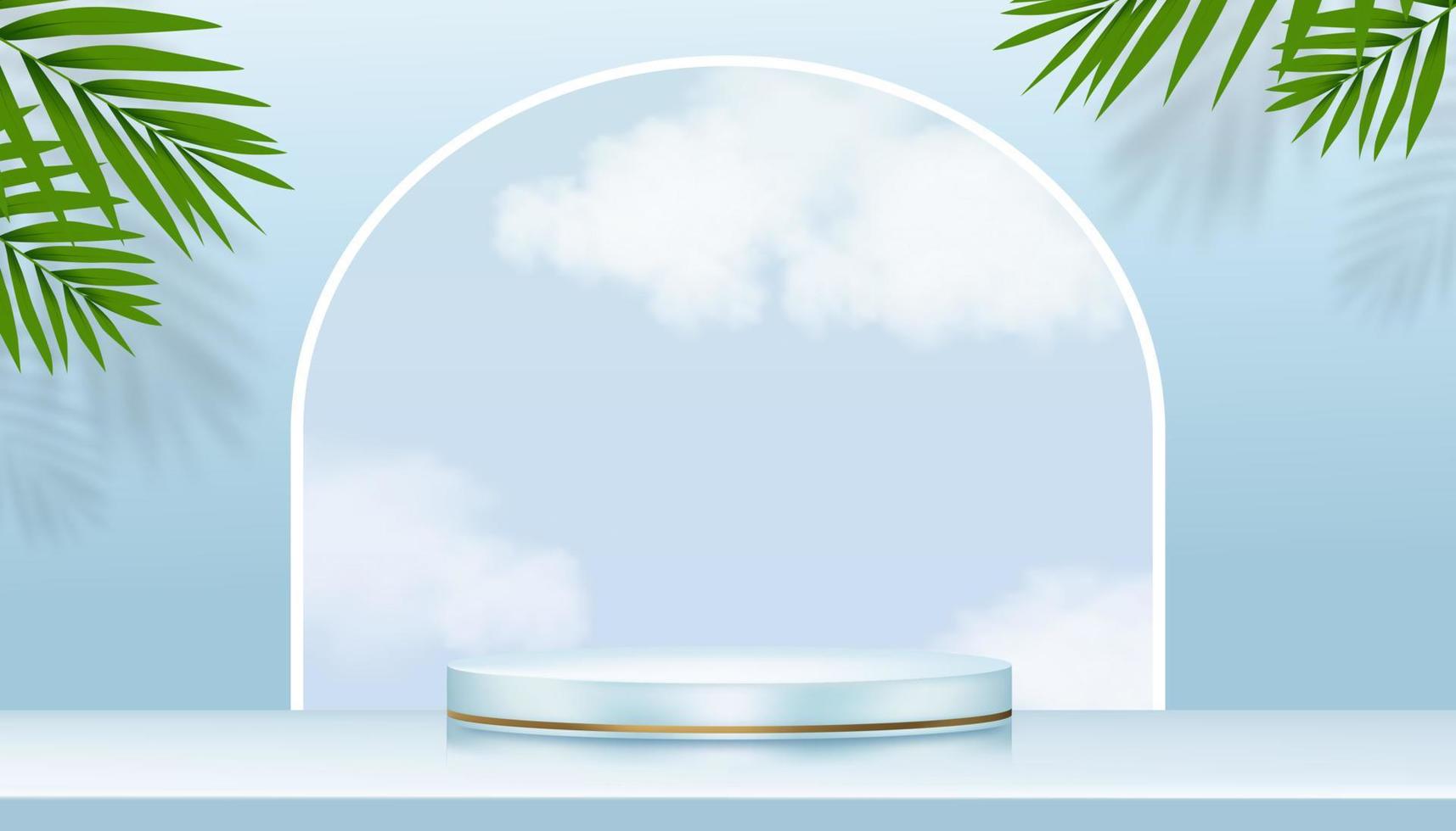 bakgrund bakgrund visa med 3d podium cylinder stå, blå himmel, moln och kokos handflatan löv på vägg, vektor horisont baner piedestal plattform för vår, sommar av skönhet, spa produkt presentation