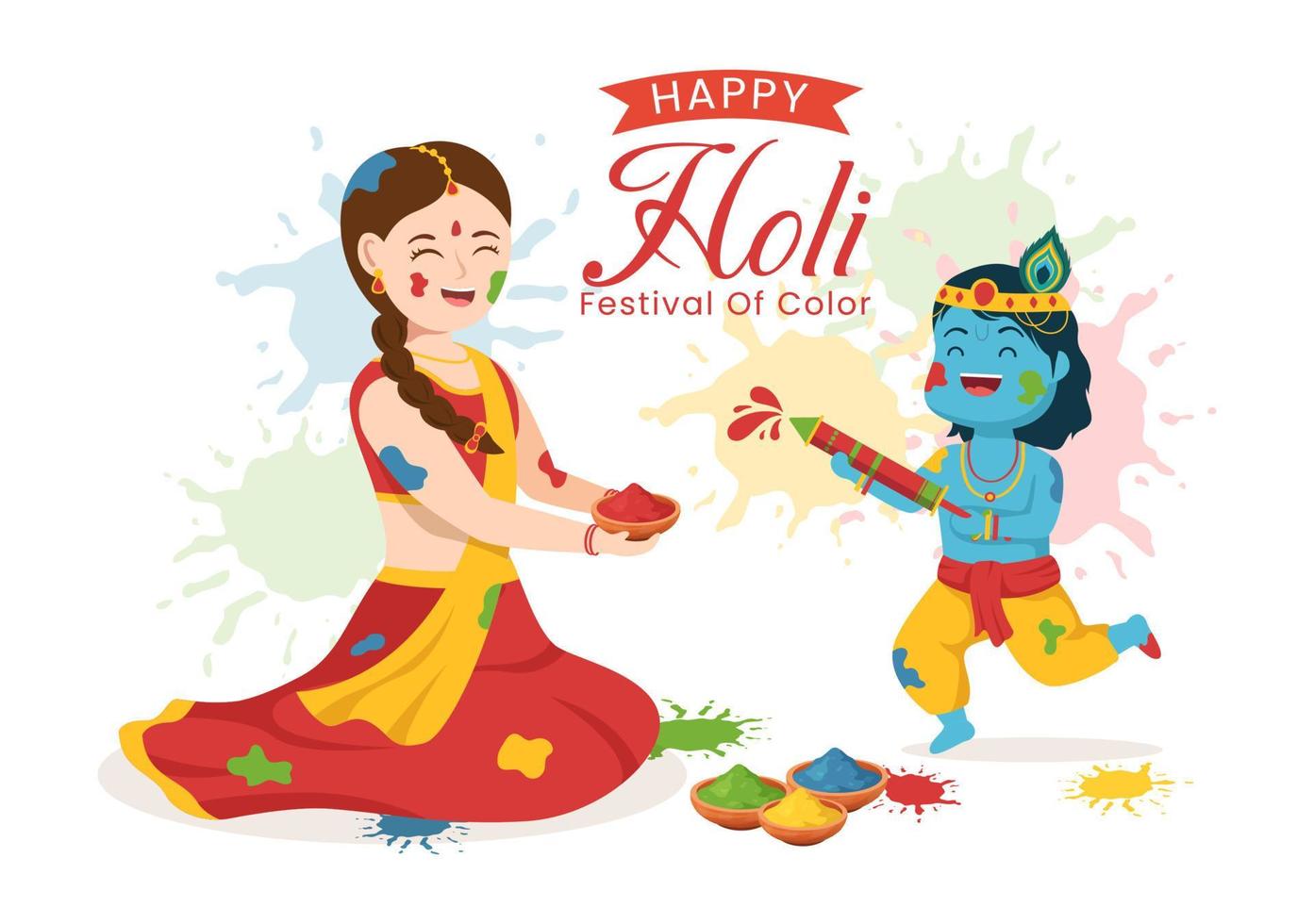 Lycklig holi festival illustration med färgrik pott och pulver i hindi för webb baner eller landning sida i platt tecknad serie hand dragen mallar vektor