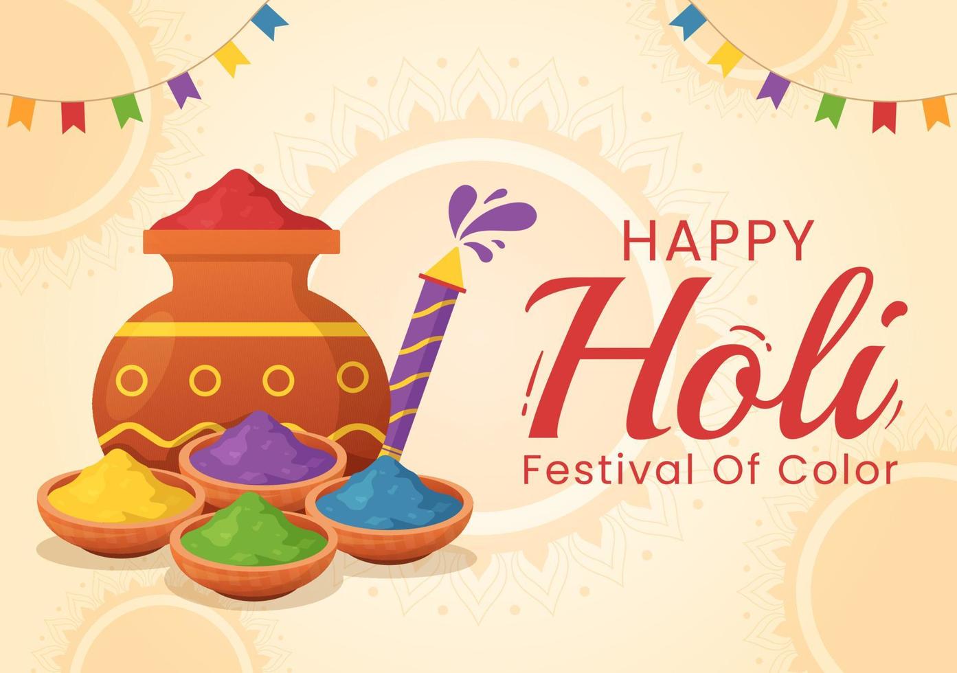 Lycklig holi festival illustration med färgrik pott och pulver i hindi för webb baner eller landning sida i platt tecknad serie hand dragen mallar vektor