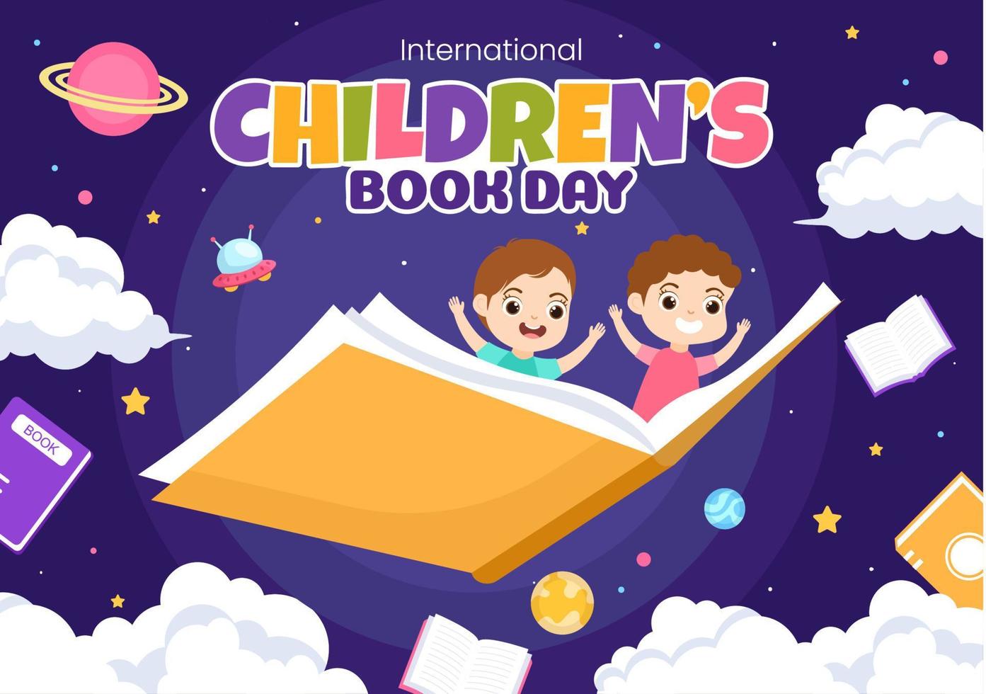 internationell barns bok dag på april 2 illustration med barn läsning eller skrivning böcker i platt tecknad serie hand dragen för landning sida mallar vektor