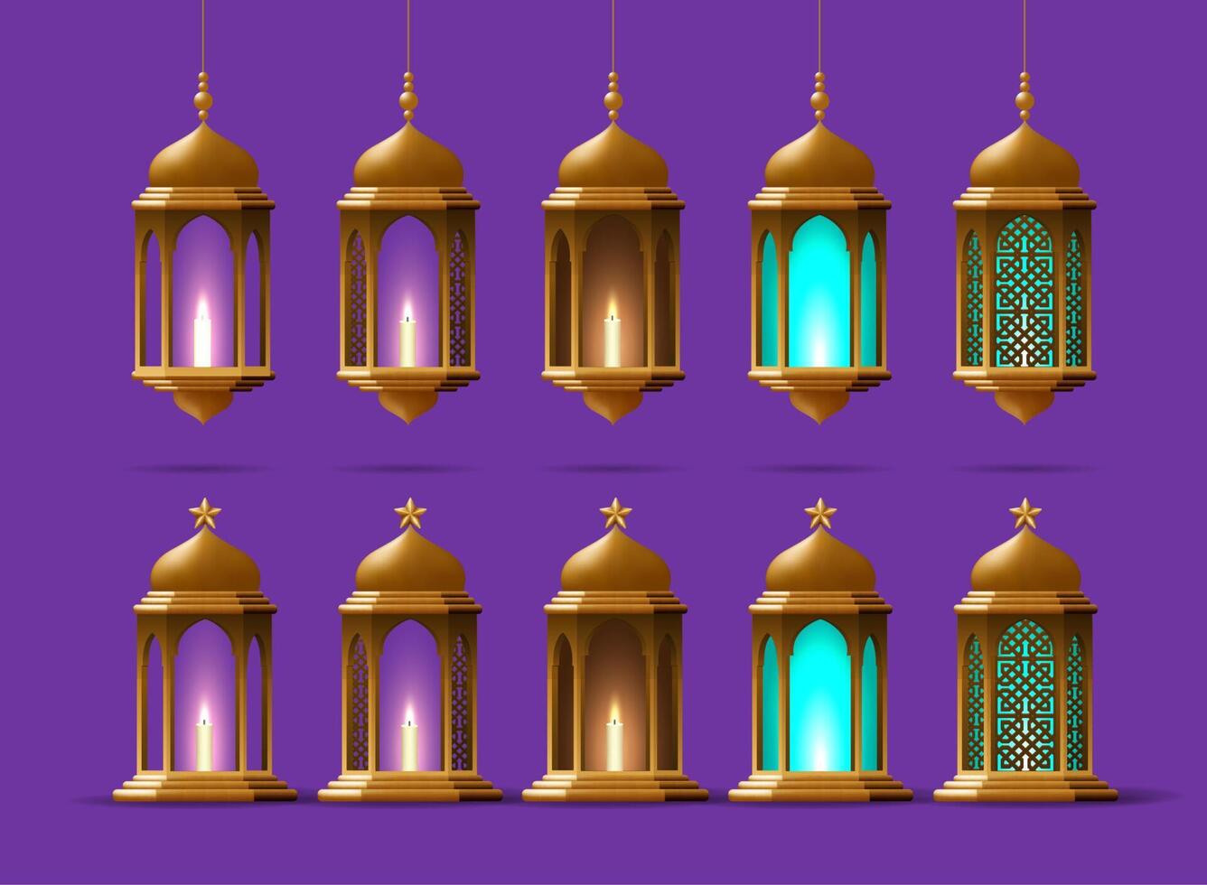 Vektor einstellen von Ramadan Laternen. islamisch Element Design. Dekoration von Beleuchtung zum Ramadan Dekorationen. 3d realistisch Illustration