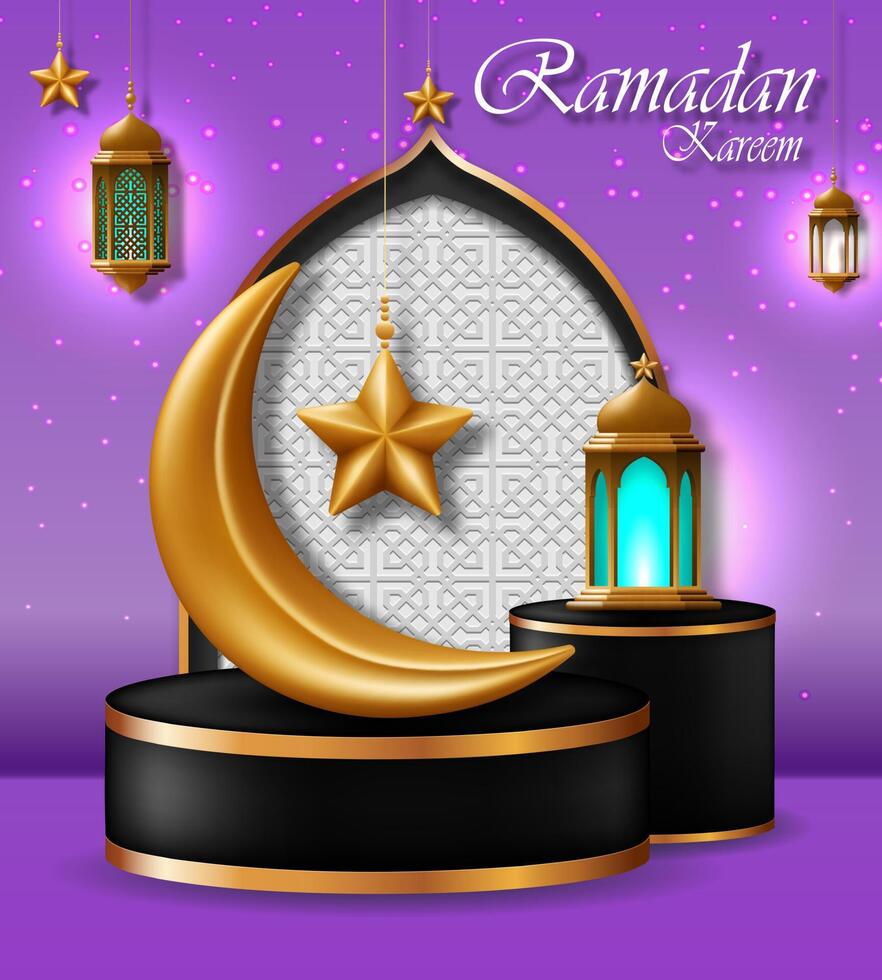 ramadan kareem hälsning kort vektor. islamic Semester firande baner. podium se med utsmyckad halvmåne måne, lykta och stjärna. realistisk 3d illustration. vektor