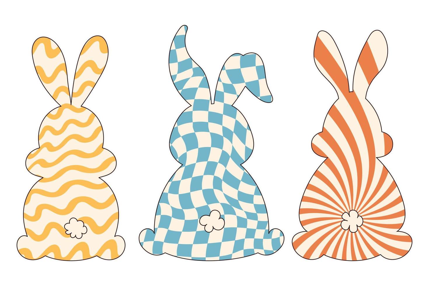 häftig hippie Lycklig påsk. uppsättning av påsk kaniner med mönster i trendig retro 60s 70s tecknad serie stil. vektor