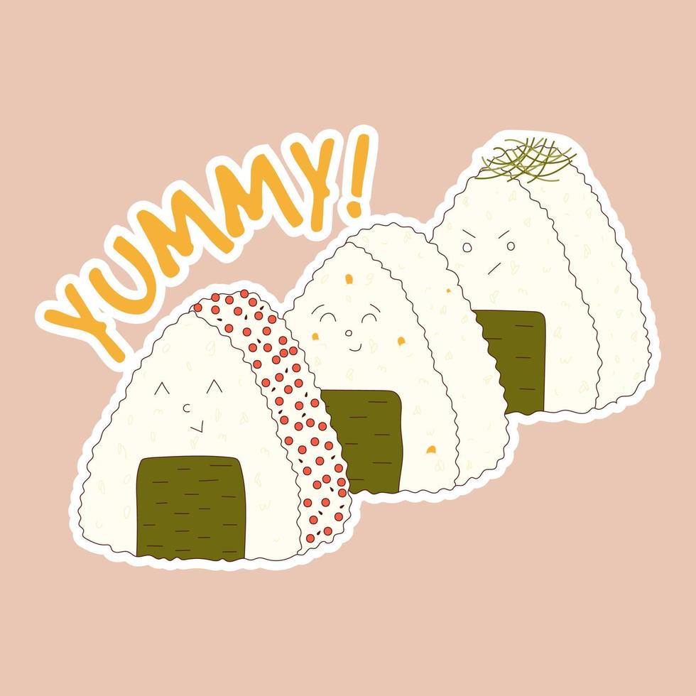 traditionell japanisch Lebensmittel. asiatisch süß Onigiri mit komisch Gesichter Aufkleber. Vektor Abbildung