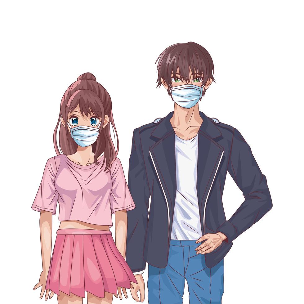 ungt par använder ansiktsmasker anime karaktärer vektor