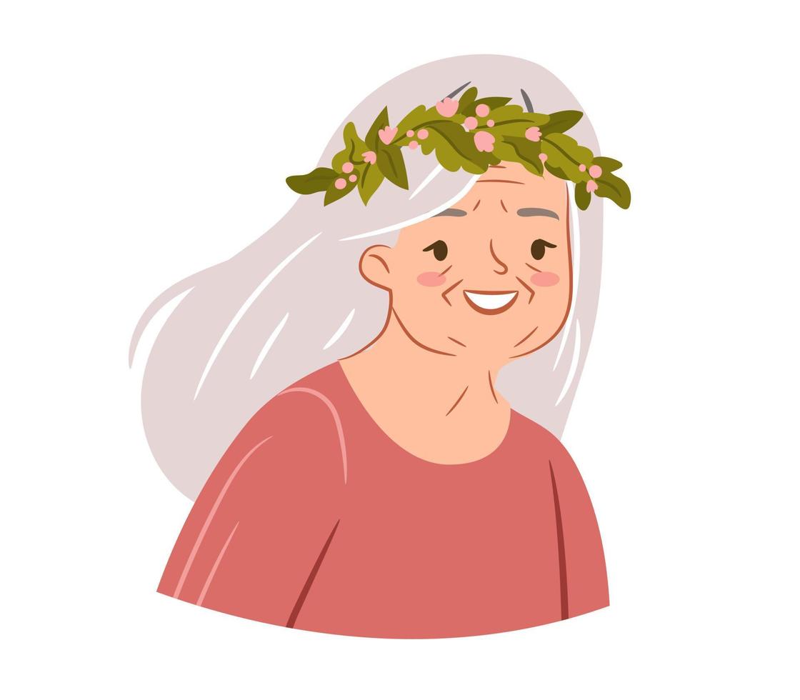 senior kvinna i en blommig krans. äldre lady bär en blomma hår dekoration. vektor porträtt