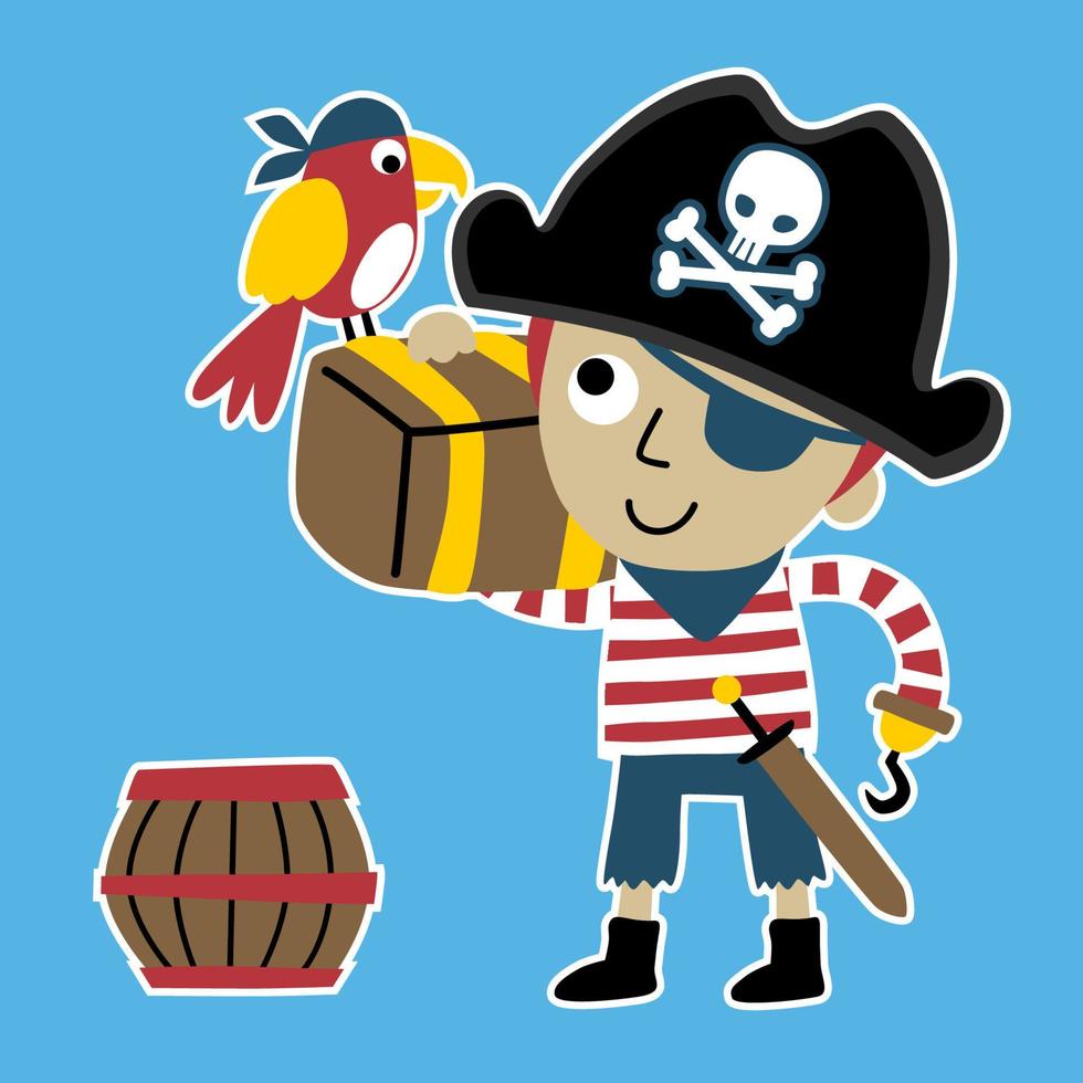 ung pojke i pirat kostym bärande skatt bröst med papegoja och trä- tunna, vektor tecknad serie illustration