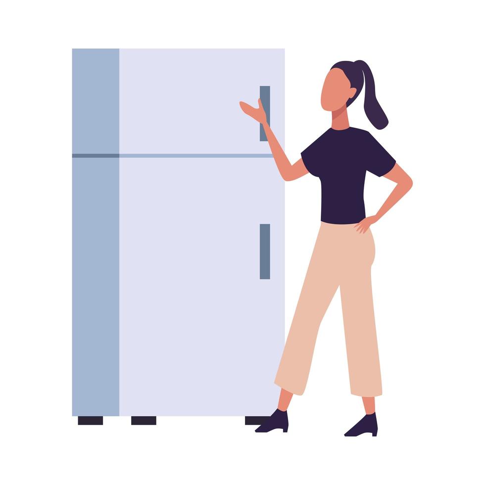 ung kvinna i fashionabla kläder med kylskåp vektor