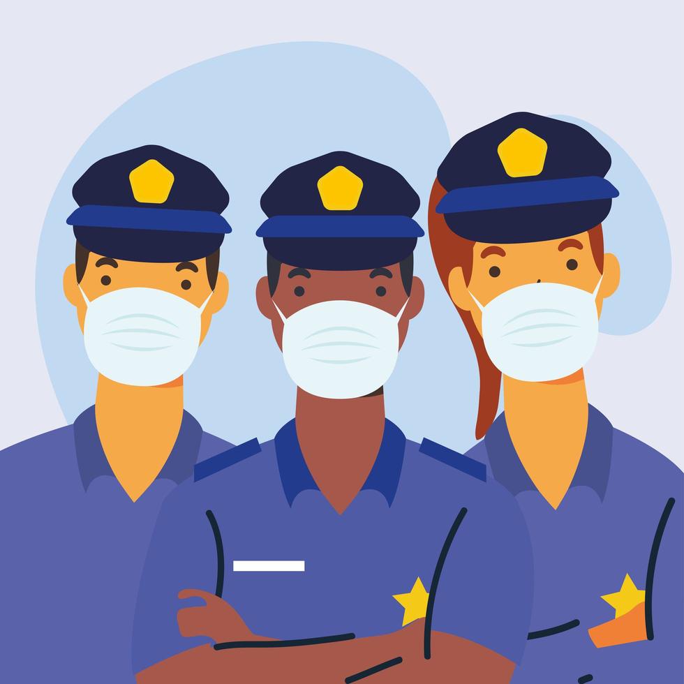 poliser som bär karaktärer med medicinska masker vektor