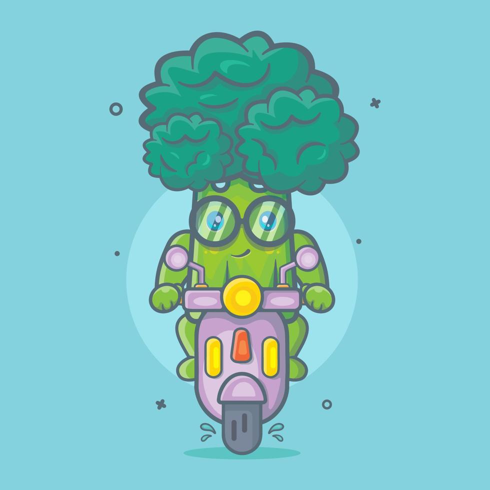 söt broccoli vegetabiliska karaktär maskot ridning skoter motorcykel isolerat tecknad serie i platt stil design vektor