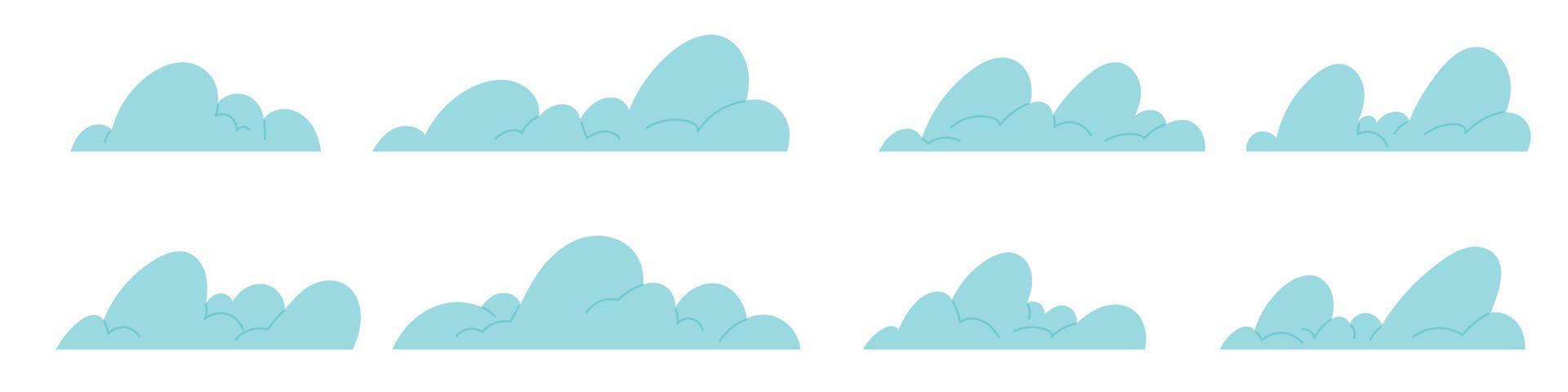 enkel moln isolerat uppsättning. söt platt himmel ikon, moln logotyp. tecknad serie vektor illustration isolerat på vit bakgrund.