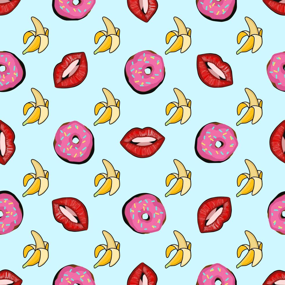 design för tyg. pop- konst pattern.vector sömlös mönster med bananer och munkar på en blå bakgrund. vektor