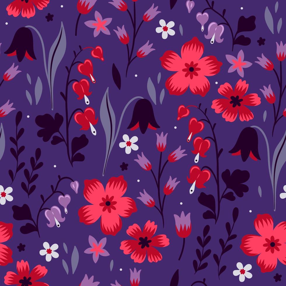nahtlos Muster mit Blumen im rot-violett Farben. Vektor Grafik.