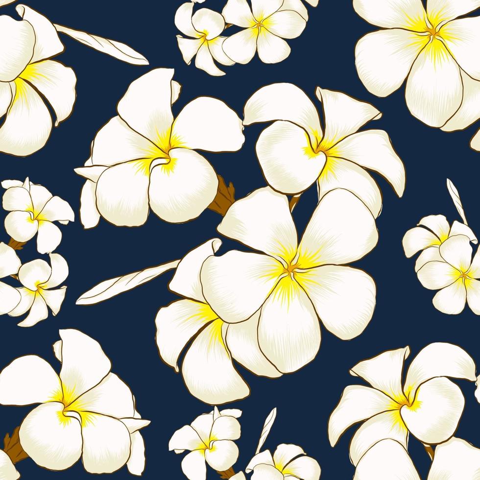 sömlösa mönster vita frangipani blommor mörkblå abstrakt bakgrund. ritning konst. vektor illustration tyg textildesign