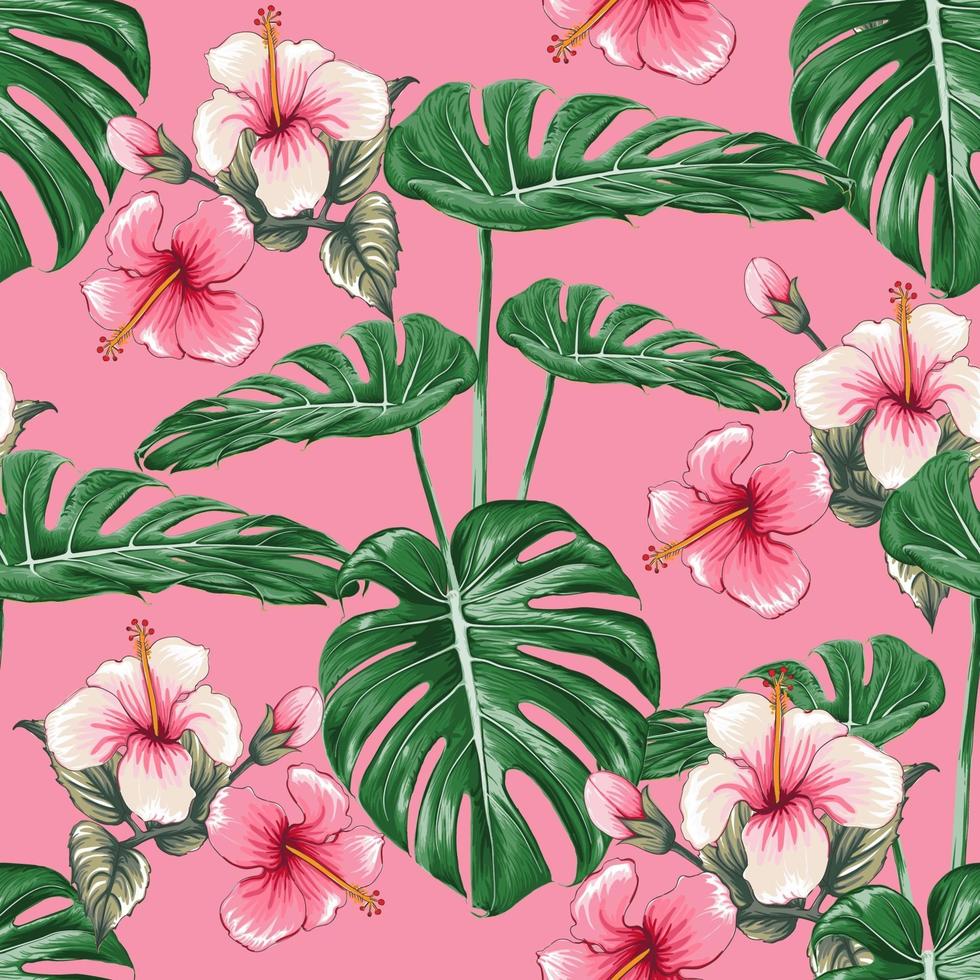 sömlösa mönster rosa hibiskusblommor och monstera grönt blad på isolerad pastellbakgrund. vektor illustration torr akvarell hand ritning stlye. tyg design texitle