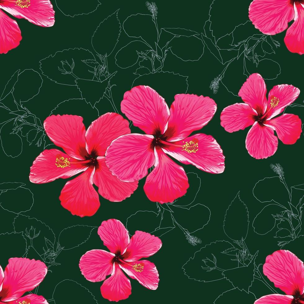 sömlösa mönster tropisk sommar med rosa-röda hibiskusblommor på abstrakt grön bakgrund. vektor illustration hand ritning akvarell stil. för tygdesign.