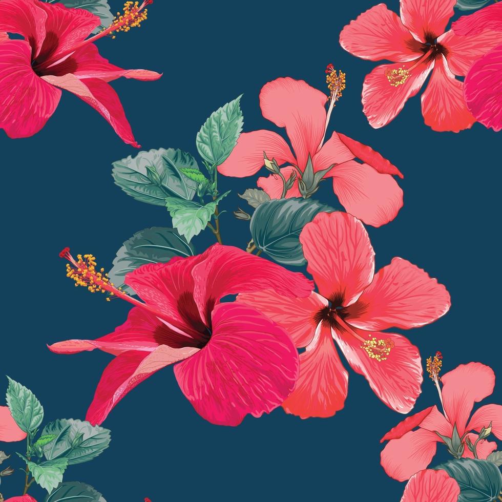 tropischer Sommer des nahtlosen Musters mit roten Hibiskusblumen auf lokalisiertem dunkelblauem Hintergrund. Vektorillustration Handzeichnung trockener Aquarellstil. für Stoffdesign. vektor