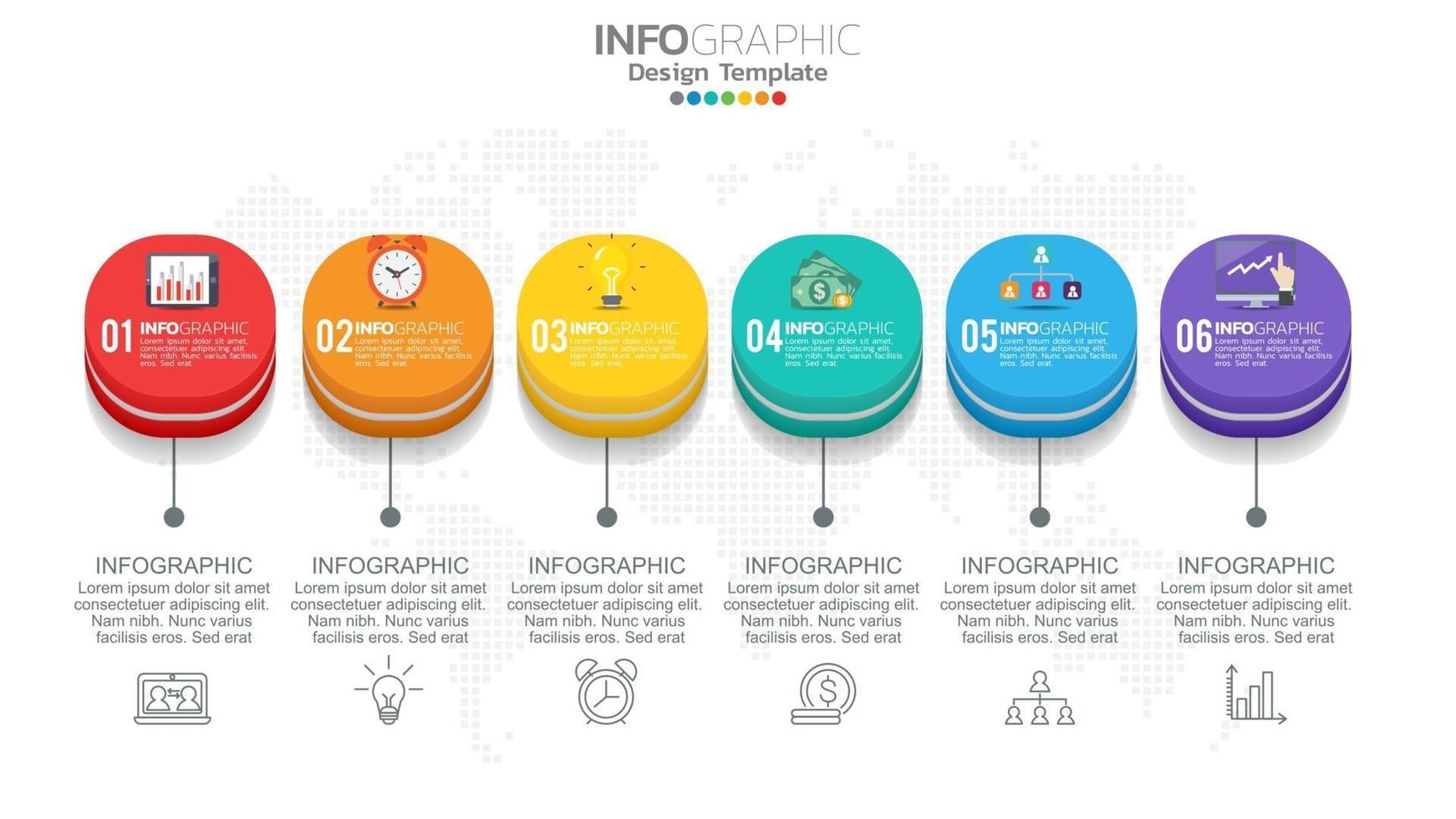 Infografiken mit 6 Optionen für 3D-Würfel und Symbolen für Diagramme und Einstellungen vektor