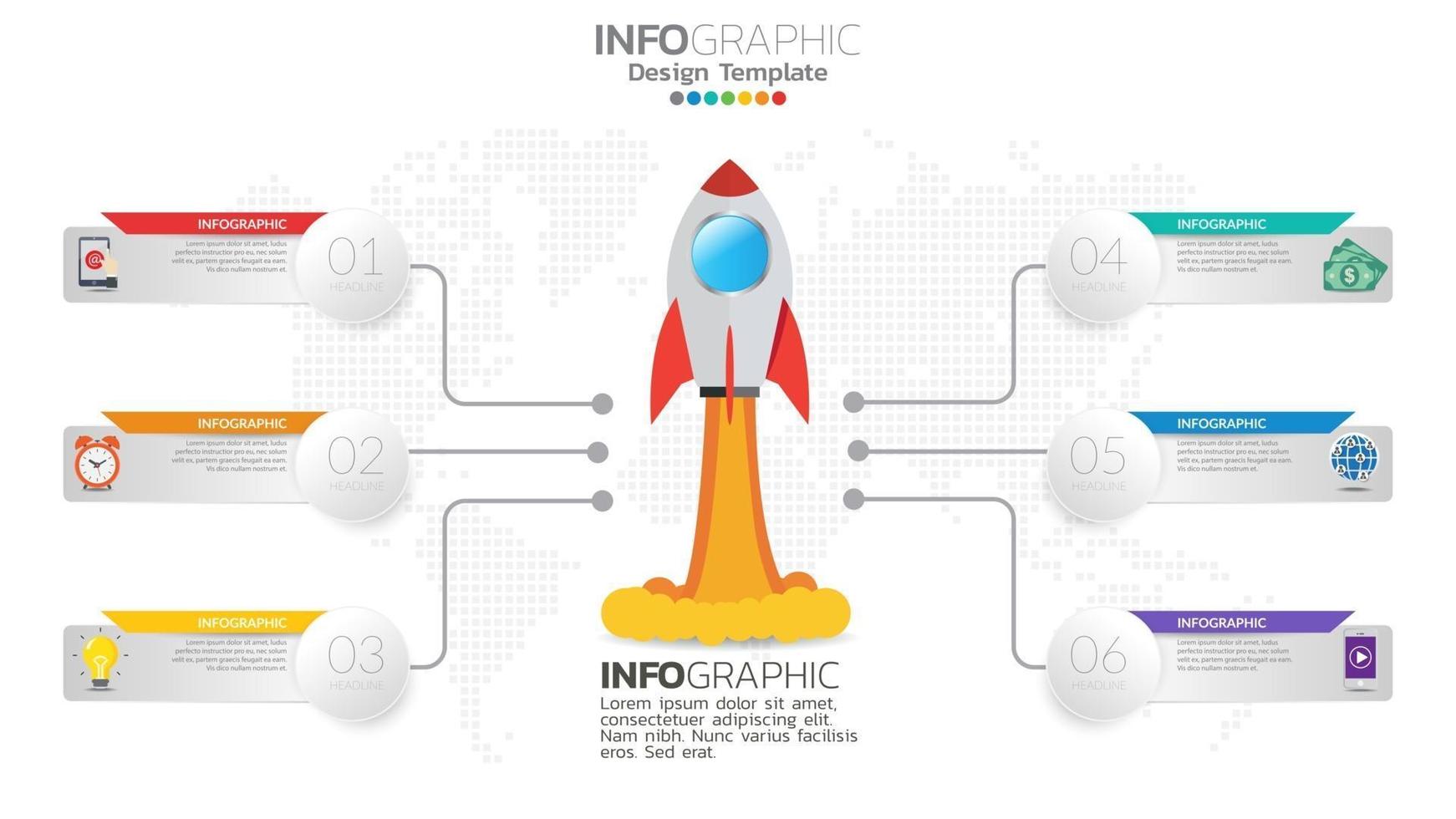 6 Schritte Start-Infografiken mit Raketenstart. Geschäfts- und Finanzkonzept. vektor