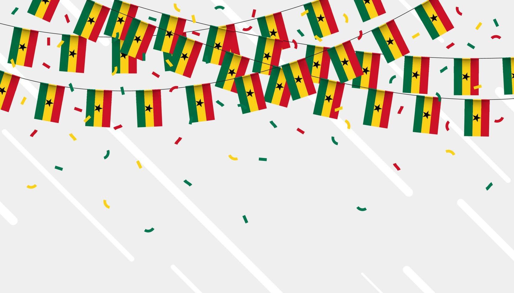 Ghana Feier Ammer Flaggen mit Konfetti und Bänder auf Weiß Hintergrund. Vektor Illustration.