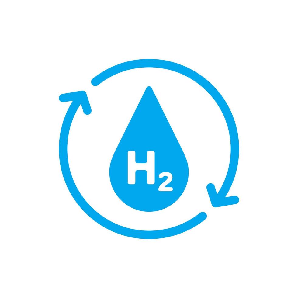 väte h2 ikon. förnybar energi källa. blå vatten släppa med två runda pilar och väte. vektor