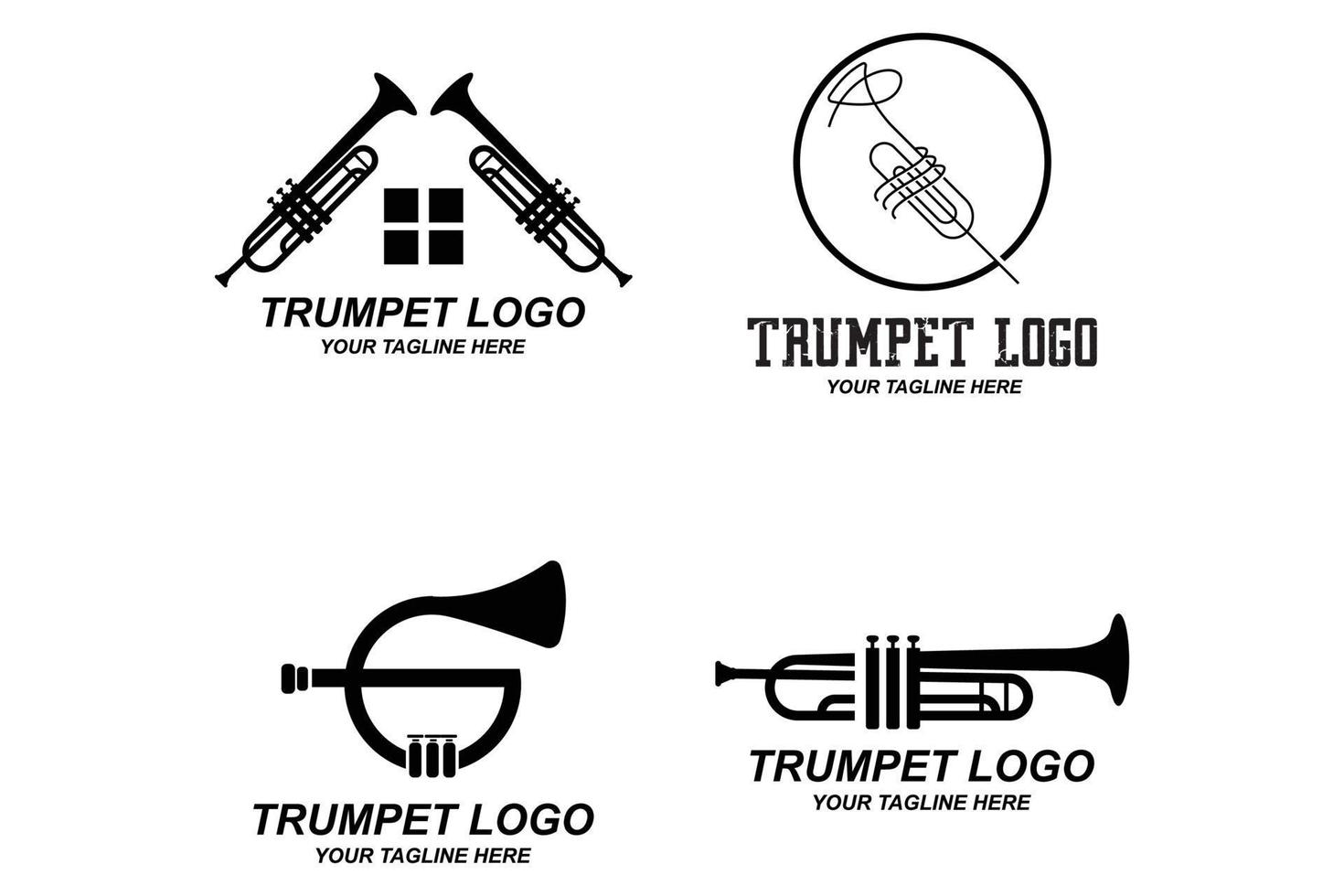 trumpet logotyp design, generera melodi, musikinstrument vektor skiss illustration